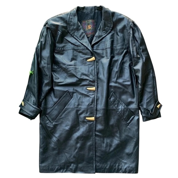 LNR Genuine Leather Buttoned Trench Coat Jacket Black Gold Metallic Size M - Picture 9 of 9